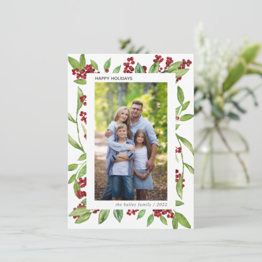 Holly and Waterverf Greenery Photo Holiday Card Kaart (Staand voorkant)