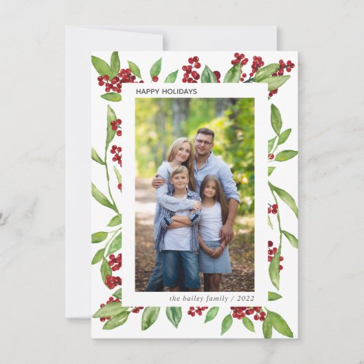 Holly and Waterverf Greenery Photo Holiday Card Kaart (Voorkant)