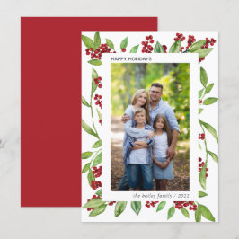Holly and Waterverf Greenery Photo Holiday Card Kaart