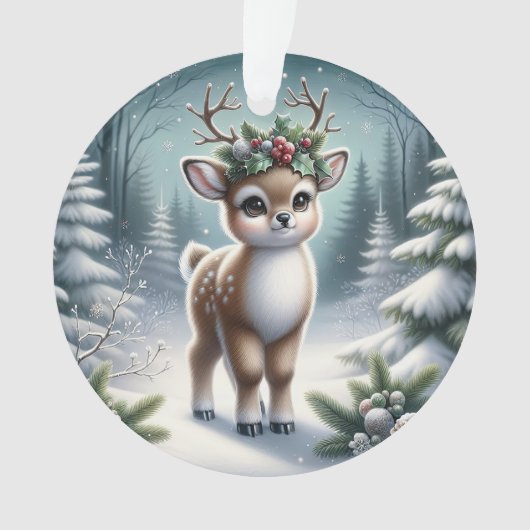 Holly-Antlered Fawn in Snowy Forest Ornament (voorkant)