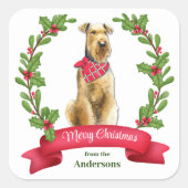 Holly Banner Airedale Terrier Hond Kerstmis Vierkante Sticker (Voorkant)
