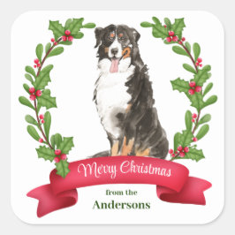 Holly Banner Bernese Mountain Dog Kerstplein Vierkante Sticker