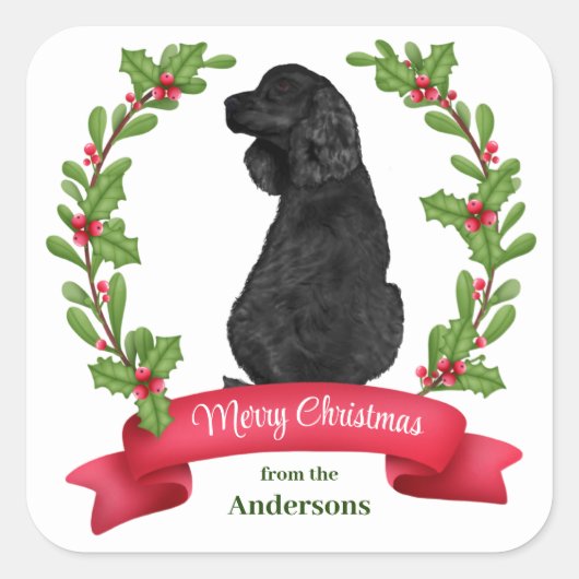 Holly Banner Black Cocker Spaniel Kerstmis Vierkante Sticker (Voorkant)