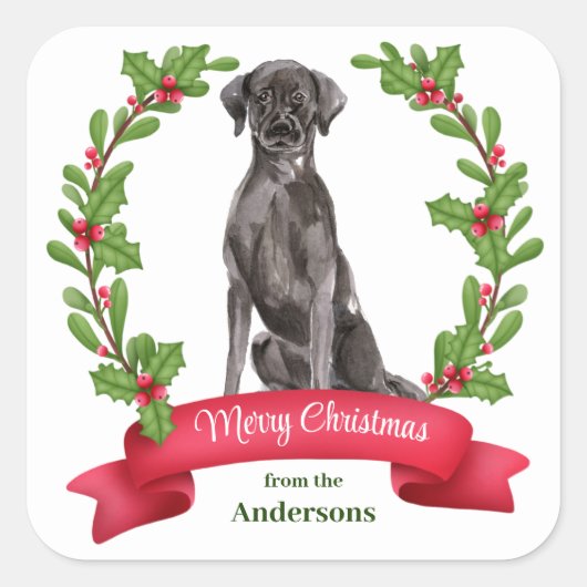 Holly Banner Black Labrador Retriever Kerstmis Vierkante Sticker (Voorkant)