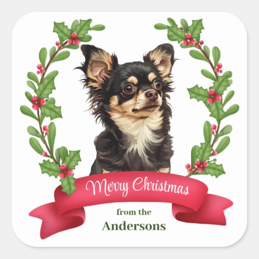 Holly Banner Black Tan Chihuahua Dog Kerstmis Vierkante Sticker (Voorkant)