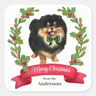 Holly Banner Black Tan Pommeren Kerstmis Vierkante Sticker
