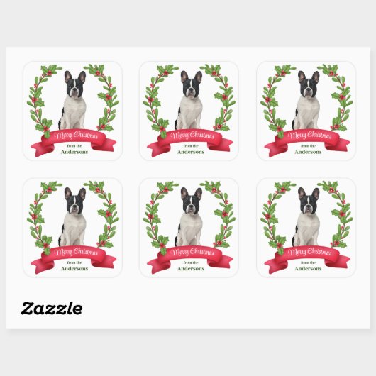 Holly Banner Black White Bulldog Holiday Vierkante Sticker (Vel)