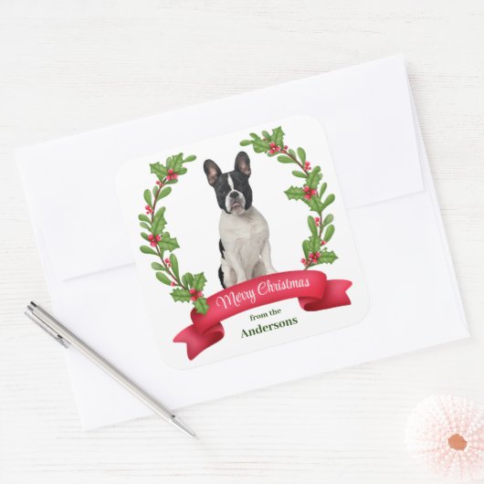 Holly Banner Black White Bulldog Holiday Vierkante Sticker (Envelop)
