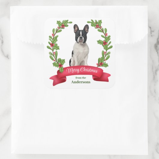 Holly Banner Black White Bulldog Holiday Vierkante Sticker (Tas)