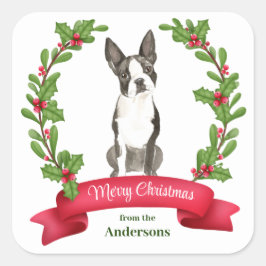 Holly Banner Boston Terrier Dog Kerstmis Vierkante Sticker