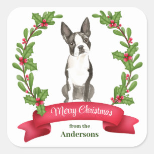 Holly Banner Boston Terrier Dog Kerstmis Vierkante Sticker