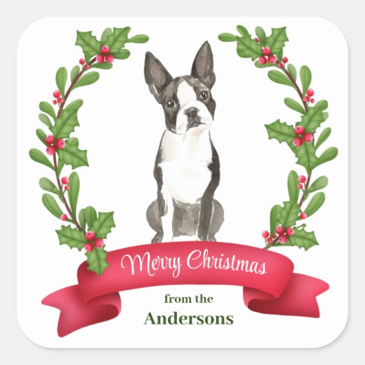 Holly Banner Boston Terrier Dog Kerstmis Vierkante Sticker (Voorkant)