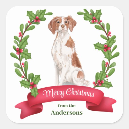 Holly Banner Brittany Dog Kerstmis Vierkante Sticker (Voorkant)
