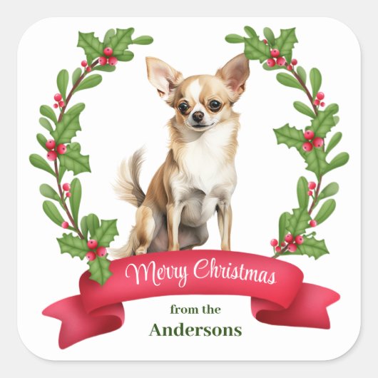 Holly Banner Bruin Witte Chihuahua Hond Kerstmis Vierkante Sticker (Voorkant)