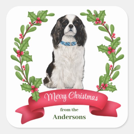 Holly Banner Cavalier King Charles Spaniel Holiday Vierkante Sticker (Voorkant)