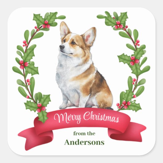 Holly Banner Corgi Dog Christmas Square Sticker (Voorkant)