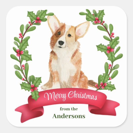 Holly Banner Corgi Dog Kerstmis Vierkante Sticker (Voorkant)