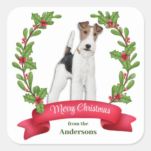 Holly Banner Fox Terrier Dog Kerstmis Vierkante Sticker (Voorkant)