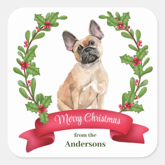 Holly Banner French Bulldog Kerstmis Vierkante Sticker (Voorkant)