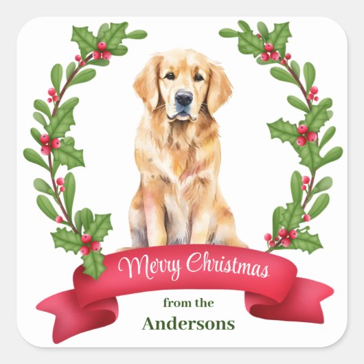 Holly Banner Golden Retriever Kerstkerst Vierkante Sticker (Voorkant)