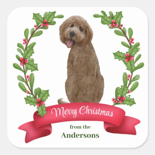 Holly Banner Labradoodle Dog Kerstmis Vierkante Sticker (Voorkant)