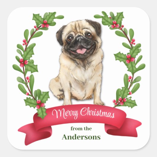 Holly Banner Pug Dog Kerstmis Vierkante Sticker (Voorkant)