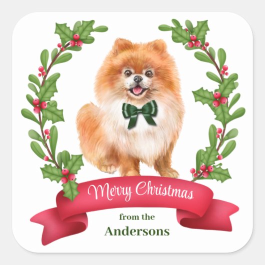 Holly Banner Red Pomeranian Kerstmis Vierkante Sticker (Voorkant)