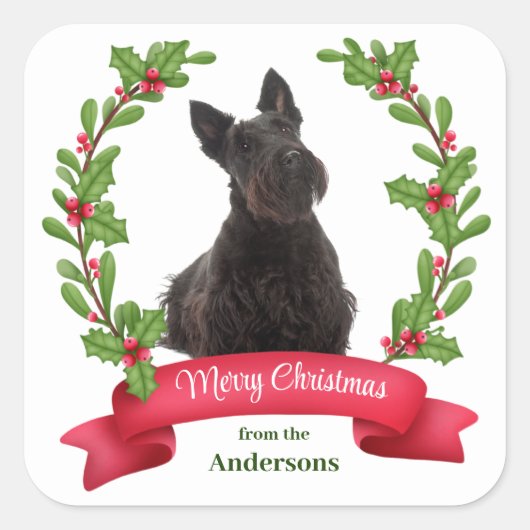 Holly Banner Scottish Terrier Dog Kerstmis Vierkante Sticker (Voorkant)