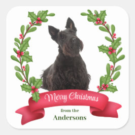 Holly Banner Scottish Terrier Dog Kerstmis Vierkante Sticker