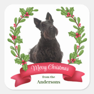 Holly Banner Scottish Terrier Dog Kerstmis Vierkante Sticker