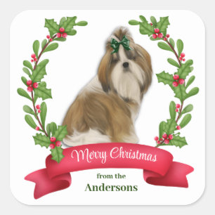 Holly Banner Shih Tzu Dog Kerstmis Vierkante Sticker