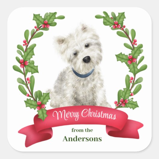 Holly Banner West Highland White Terrier Kerstmis Vierkante Sticker (Voorkant)