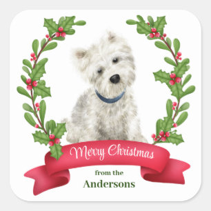 Holly Banner West Highland White Terrier Kerstmis Vierkante Sticker