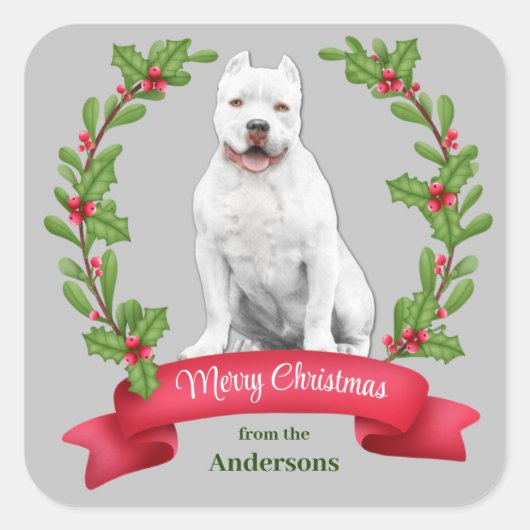 Holly Banner White Pit Bull Dog Kerstmis Vierkante Sticker (Voorkant)