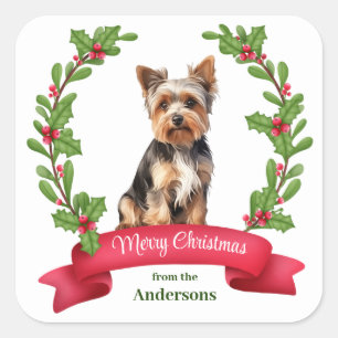 Holly Banner Yorkshire Terrier Kerstmis Vierkante Sticker