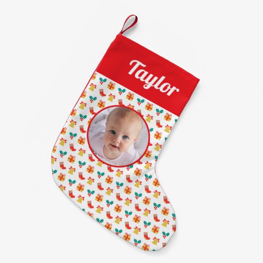 Holly Bell Stocking Pattern Aangepaste Tekst Naam  Kleine Kerstsok (Voorkant (Hangend))