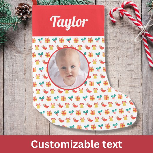 Holly Bell Stocking Pattern Aangepaste Tekst Naam  Kleine Kerstsok