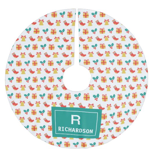 Holly Bell Stocking Pattern Monogram Familienaam Kerstboom Rok (Voorkant)