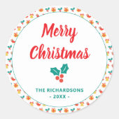 Holly Bell Stocking Pattern Vrolijke Kerstnaam Ronde Sticker (Voorkant)