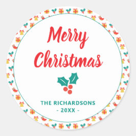 Holly Bell Stocking Pattern Vrolijke Kerstnaam Ronde Sticker
