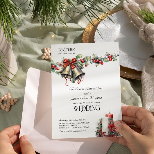 Holly Bells Red Berries Winter Wedding Invitation Kaart