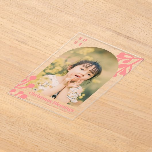 Holly Berries Arch Foto Roze Kerst Acryl Uitnodigingen (Laagn)