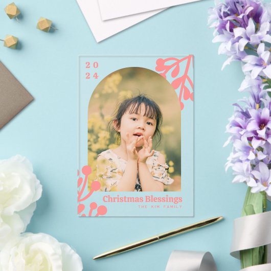 Holly Berries Arch Foto Roze Kerst Acryl Uitnodigingen (Insitu (Huwelijk))