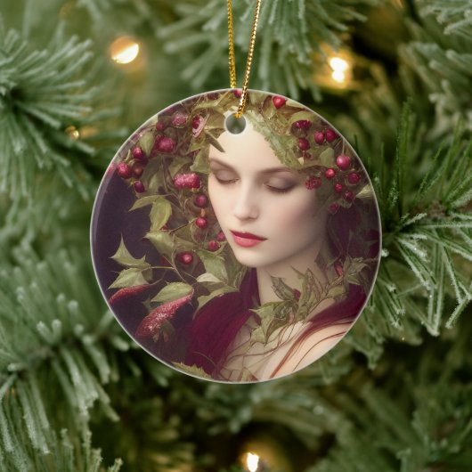 Holly Berries Beauful Woman Kerstmis Keramisch Ornament (Boom)