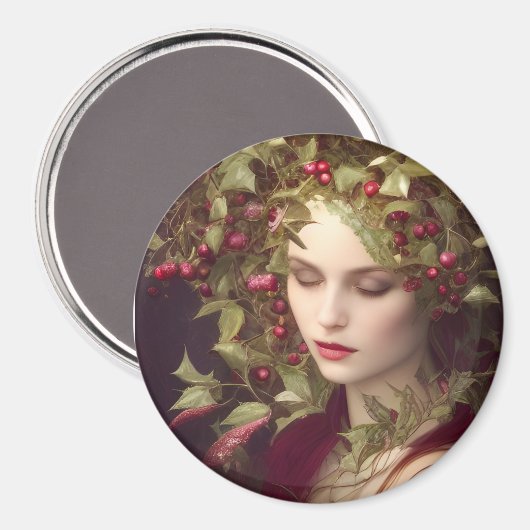 Holly Berries Beauful Woman Kerstmis Magneet (Voorkant / Achterkant)