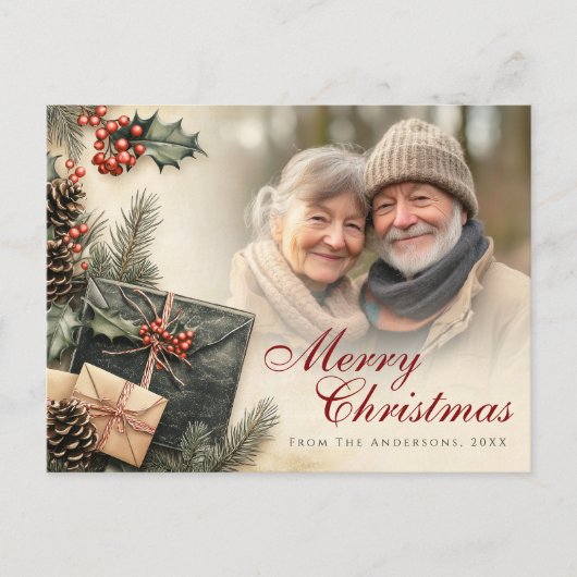  Holly Berries Beige Foto Kerst Feestdagenkaart (Voorkant)