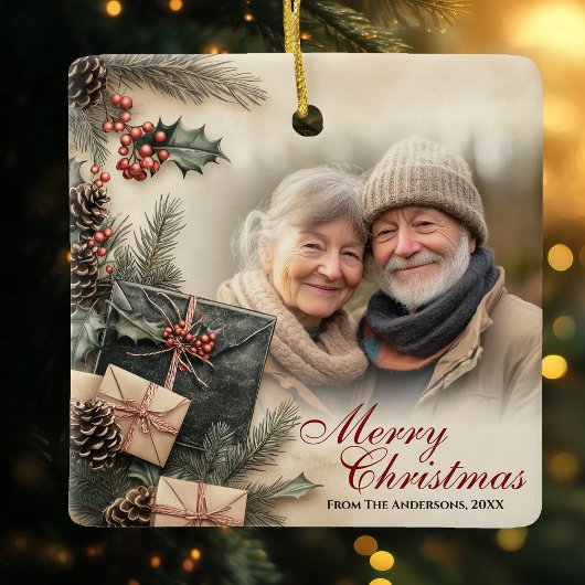  Holly Berries Beige Foto Kerst Keramisch Ornament