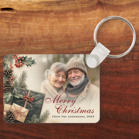  Holly Berries Beige Foto Kerst Sleutelhanger (Voorkant)