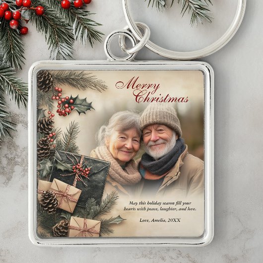  Holly Berries Beige Foto Kerst Sleutelhanger