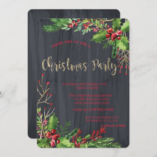 Holly Berries, Black Company Kerstparty Kaart (Voorkant / Achterkant)